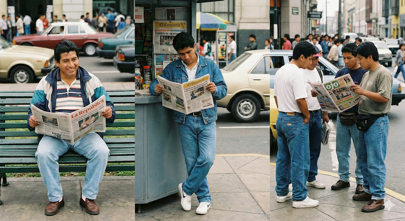 Hombres leyendo periódicos en los inicios de Sexshop del Perú 69